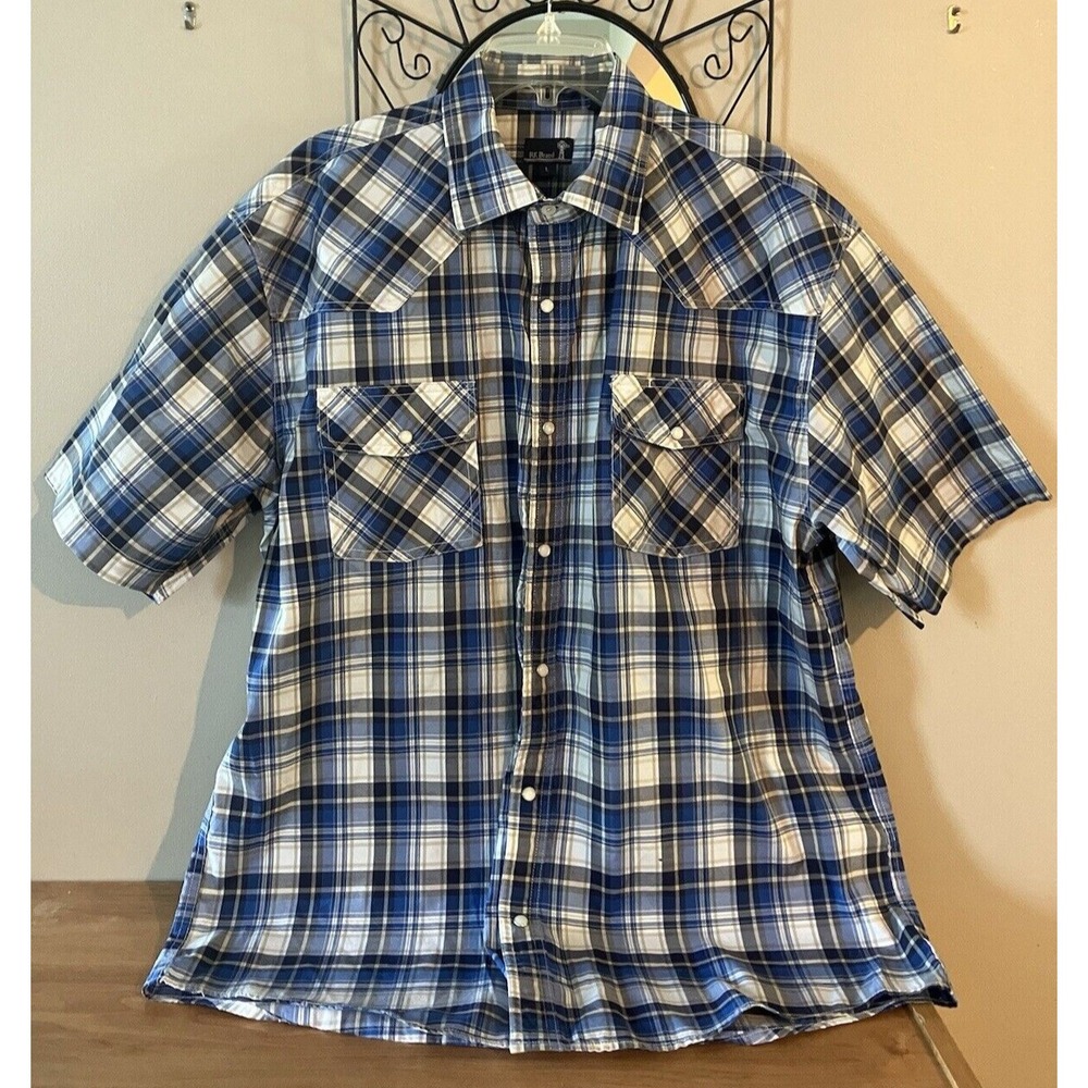 RK Brand Western Blue Plaid Short Sleeve Pearl Snap Shirt w/Pockets- Men's Large